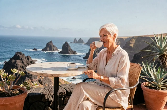 Une femme senior savourant un café sur une terrasse avec vue sur la côte volcanique de Tenerife aux îles Canaries