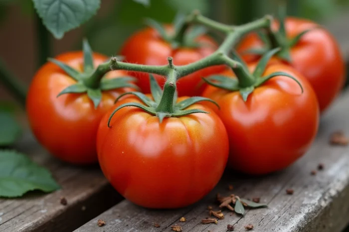 Gros plan sur des tomates à la peau épaisse et craquelée encore sur la vigne au jardin