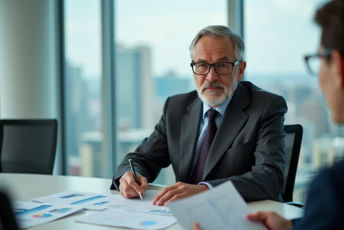Homme d'affaires senior en réunion d'analyse financière dans une salle de conférence moderne, évoquant les analyses patrimoniales et la fortune de Tony Scotti en 2026