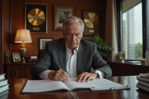 Dirigeant de l'industrie musicale examinant des documents financiers dans un bureau luxueux de Beverly Hills, illustrant la fortune estimée de Tony Scotti