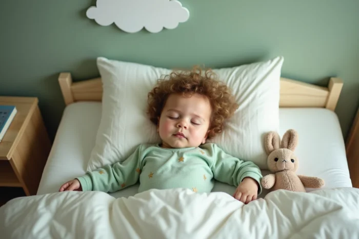 Tout-petit de dix-huit mois endormi paisiblement dans son lit de bébé avec un doudou lapin, représentant un coucher réussi selon l'âge
