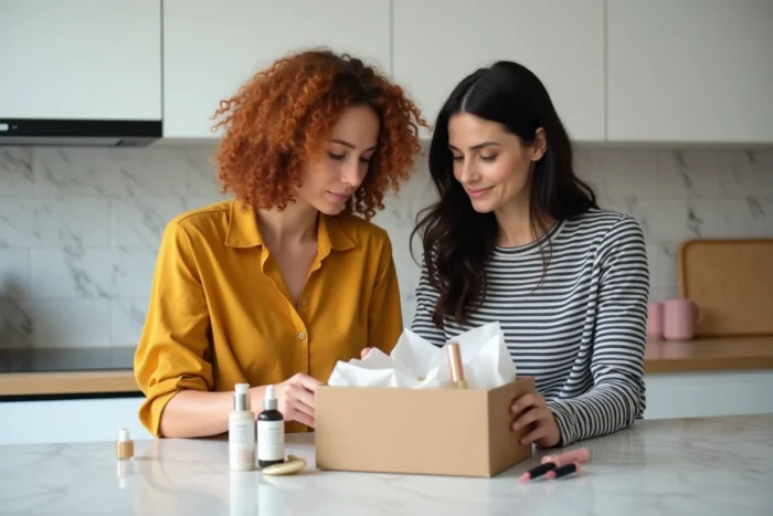 Deux femmes déballant une commande de produits de beauté livrée à domicile dans une cuisine moderne