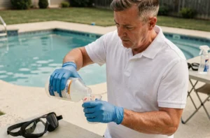 Homme versant de l'eau de javel dans une dosette près d'une piscine résidentielle avec équipements de sécurité