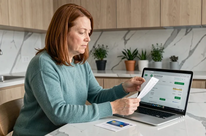 Femme comparant une facture papier et son compte en ligne pour distinguer fraude et achat légitime sur relevé CB