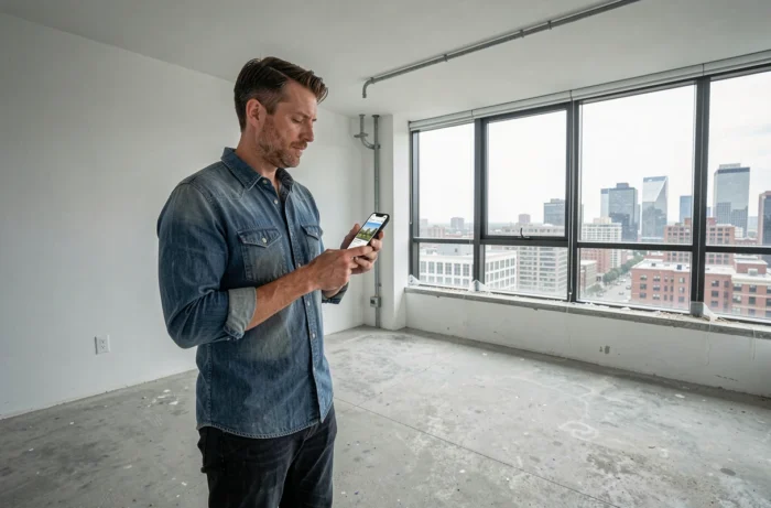 Homme visitant un appartement vide à rénover tout en consultant des annonces immobilières sur son smartphone