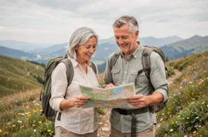 Un couple de seniors souriants avec des sacs à dos consulte une carte sur un sentier de montagne panoramique, évoquant le plaisir de voyager après 60 ans
